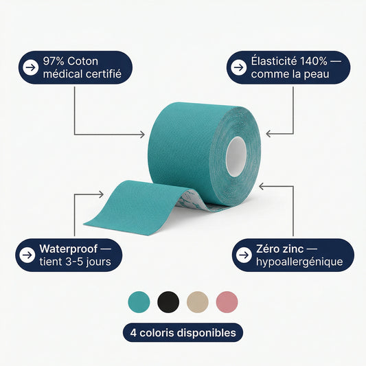 Bande kinésiologie Serenys — infographie matière coton 97% elasticité 140%