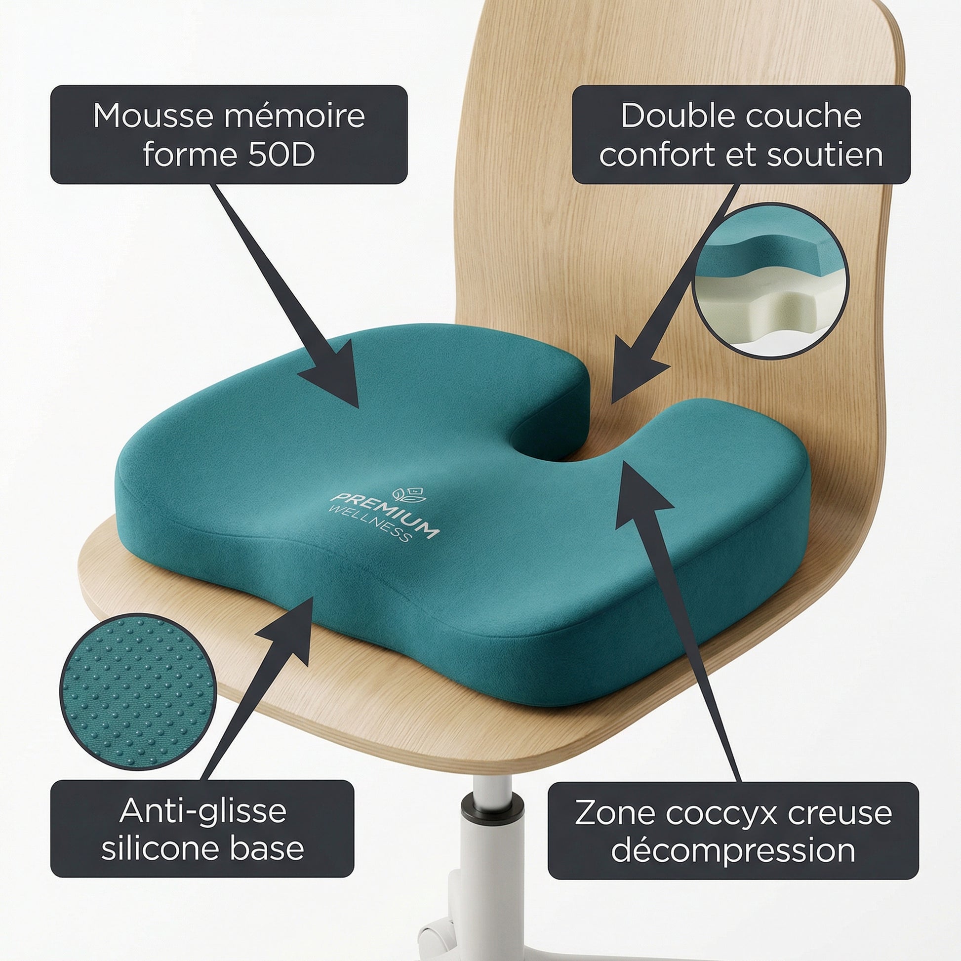 Coussin Ergonomique Serenys — mousse mémoire 50D double couche coccyx libre