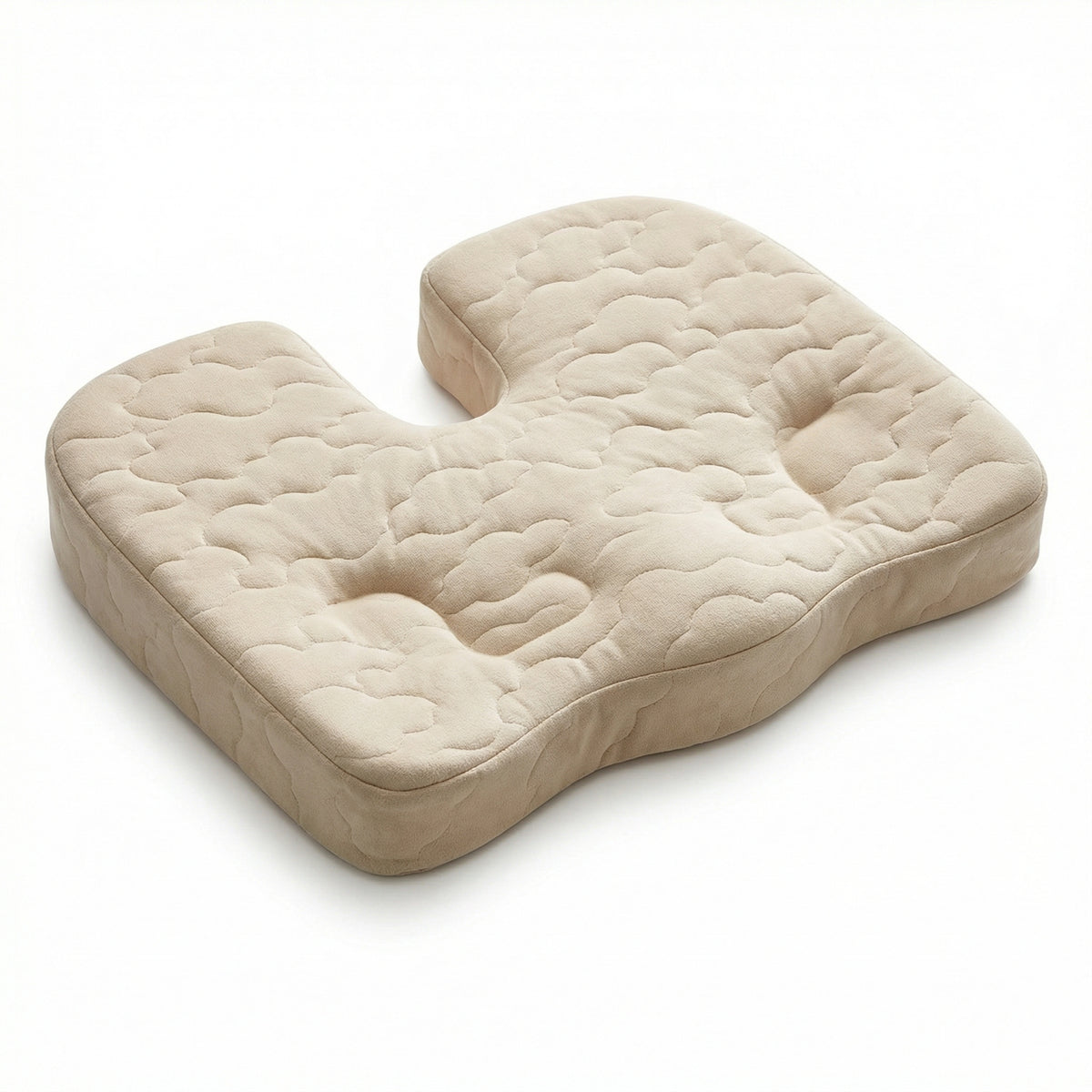 Coussin d'assise biomimétique Serenys — vue 3/4, canal coccyx ouvert, tissu cloud beige