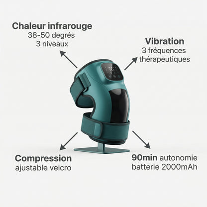 Genouillère Infrarouge Serenys — infographie callouts chaleur infrarouge vibration 3 modes