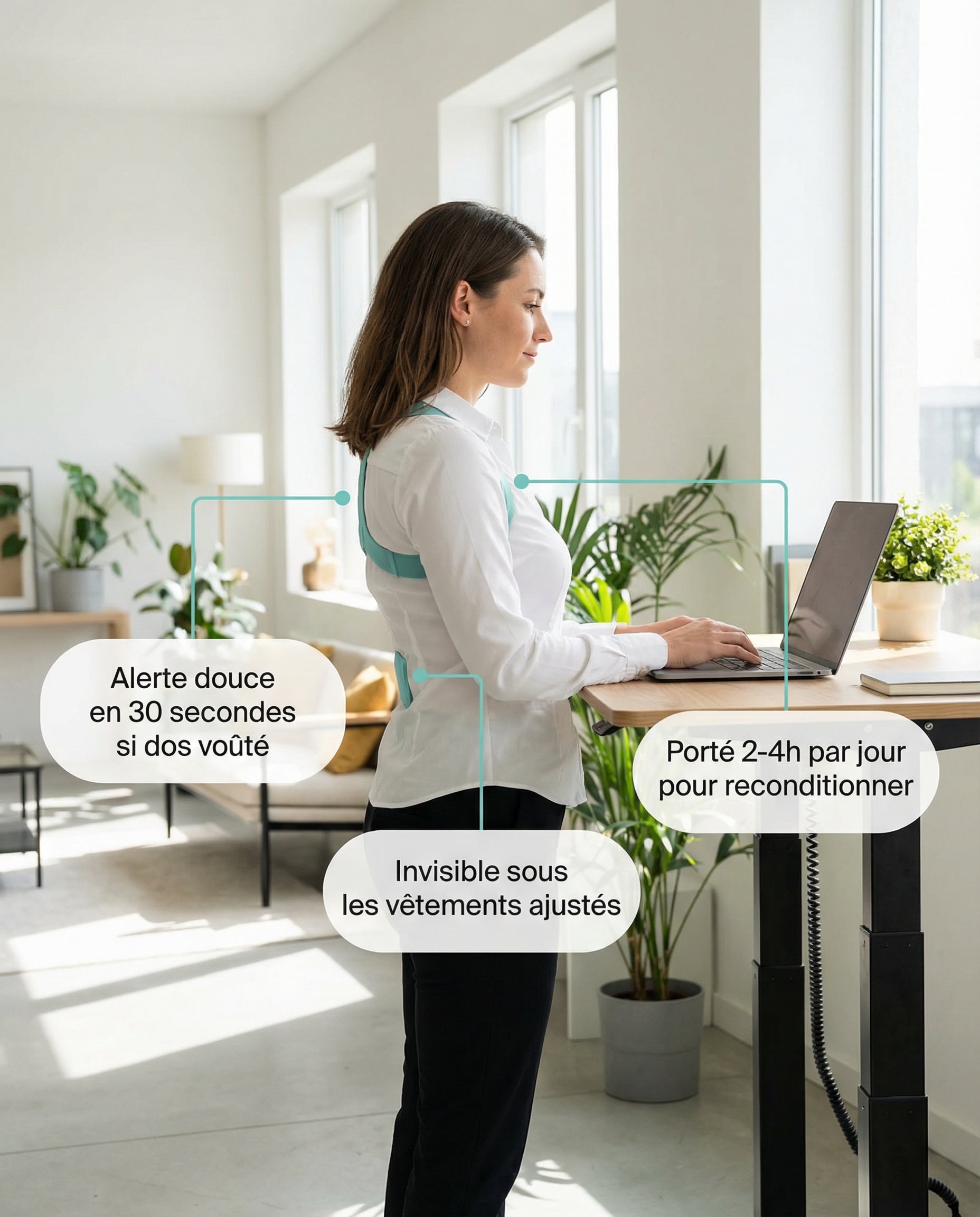 Correcteur posture Serenys lifestyle bureau debout — invisible sous vetements
