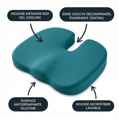 Coussin Biomimétique Serenys — mousse 60D gel coccyx décomprimé antidérapant