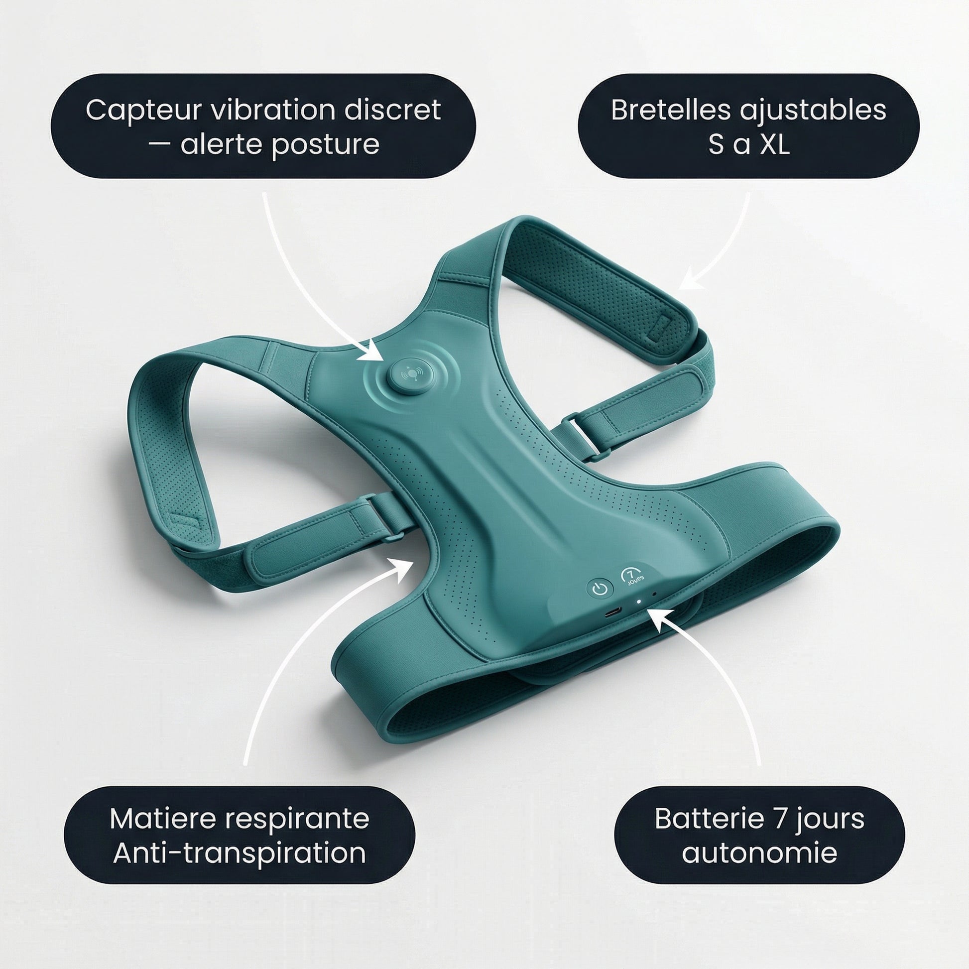 Correcteur de posture Serenys — callouts capteur vibration bretelles respirant