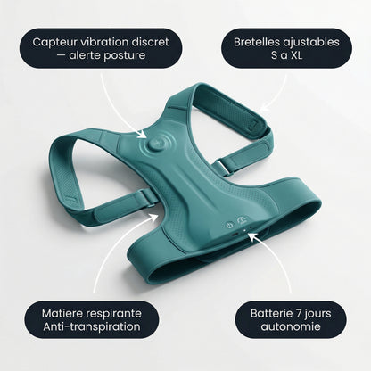 Correcteur de posture Serenys — callouts capteur vibration bretelles respirant