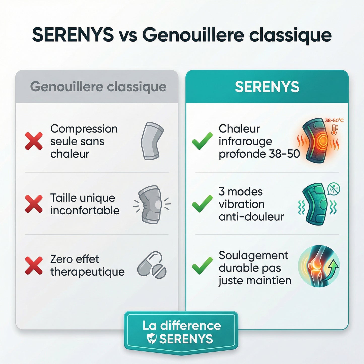 Genouillère SERENYS vs solutions classiques — comparaison infographie