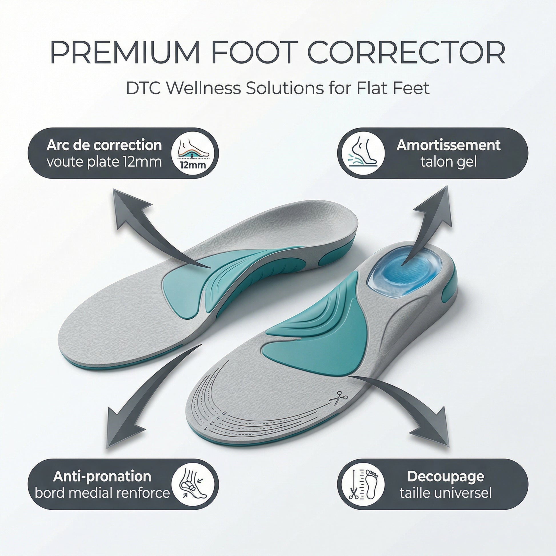 Semelles Pied Plat Serenys — arc correction 12mm anti-pronation gel talon