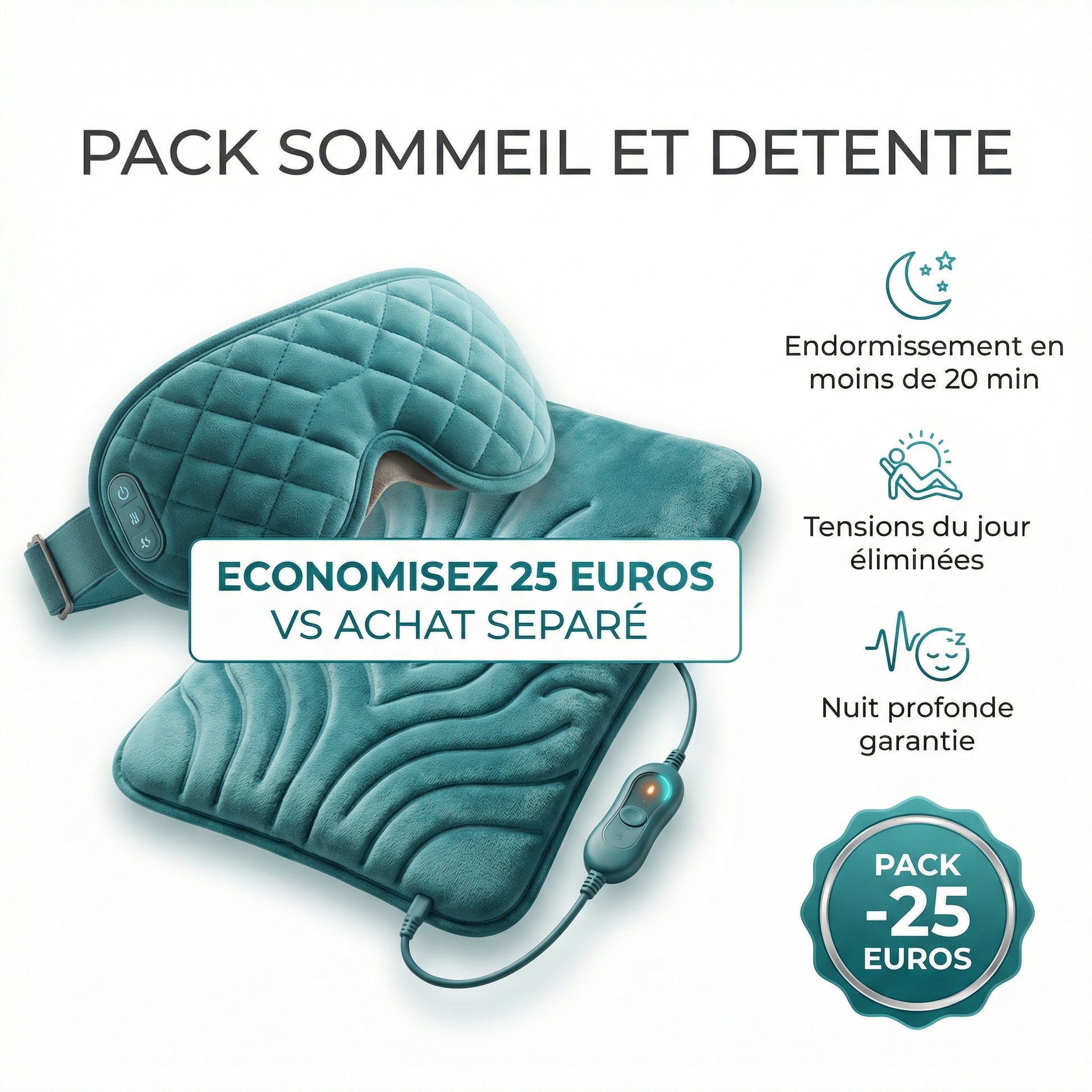 Pack Sommeil Détente Serenys — masque massant yeux + coussin chauffant nuque nuit profonde