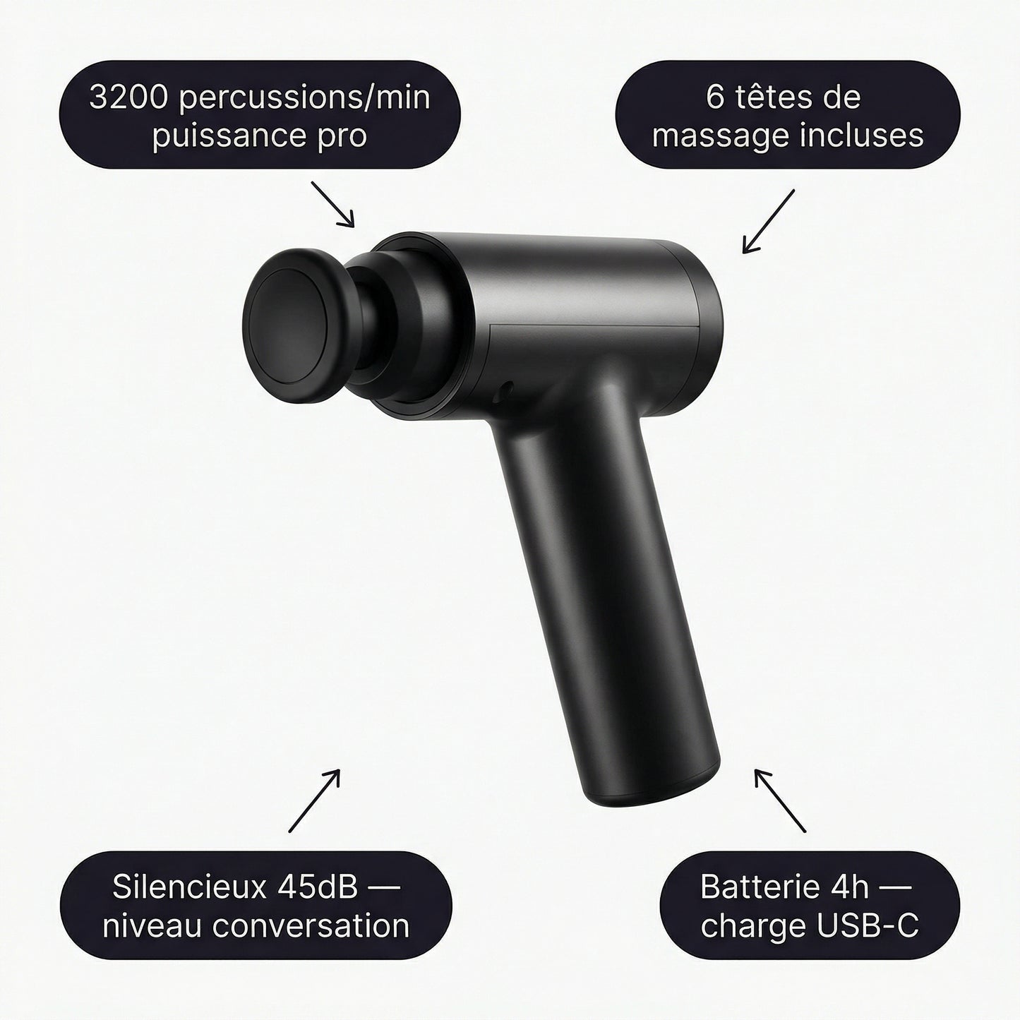 Pistolet massage Serenys — callouts 3200 percussions/min 6 tetes silencieux
