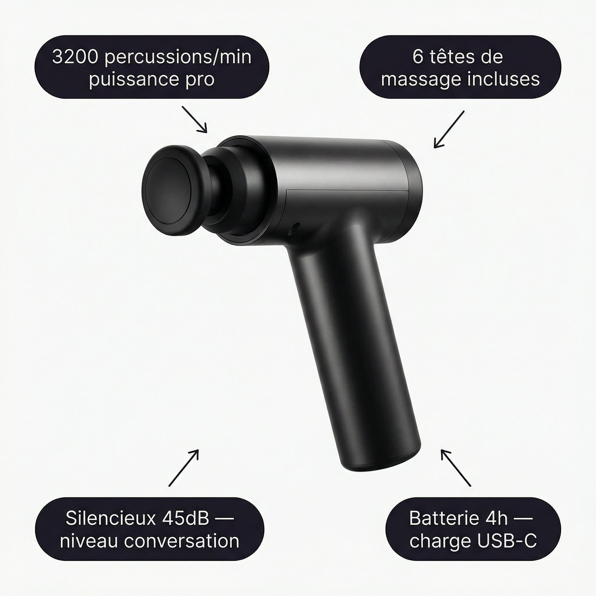Pistolet massage Serenys — callouts 3200 percussions/min 6 tetes silencieux
