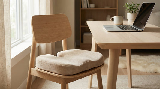 Coussin d'assise biomimétique Serenys sur chaise bureau minimaliste — contexte télétravail