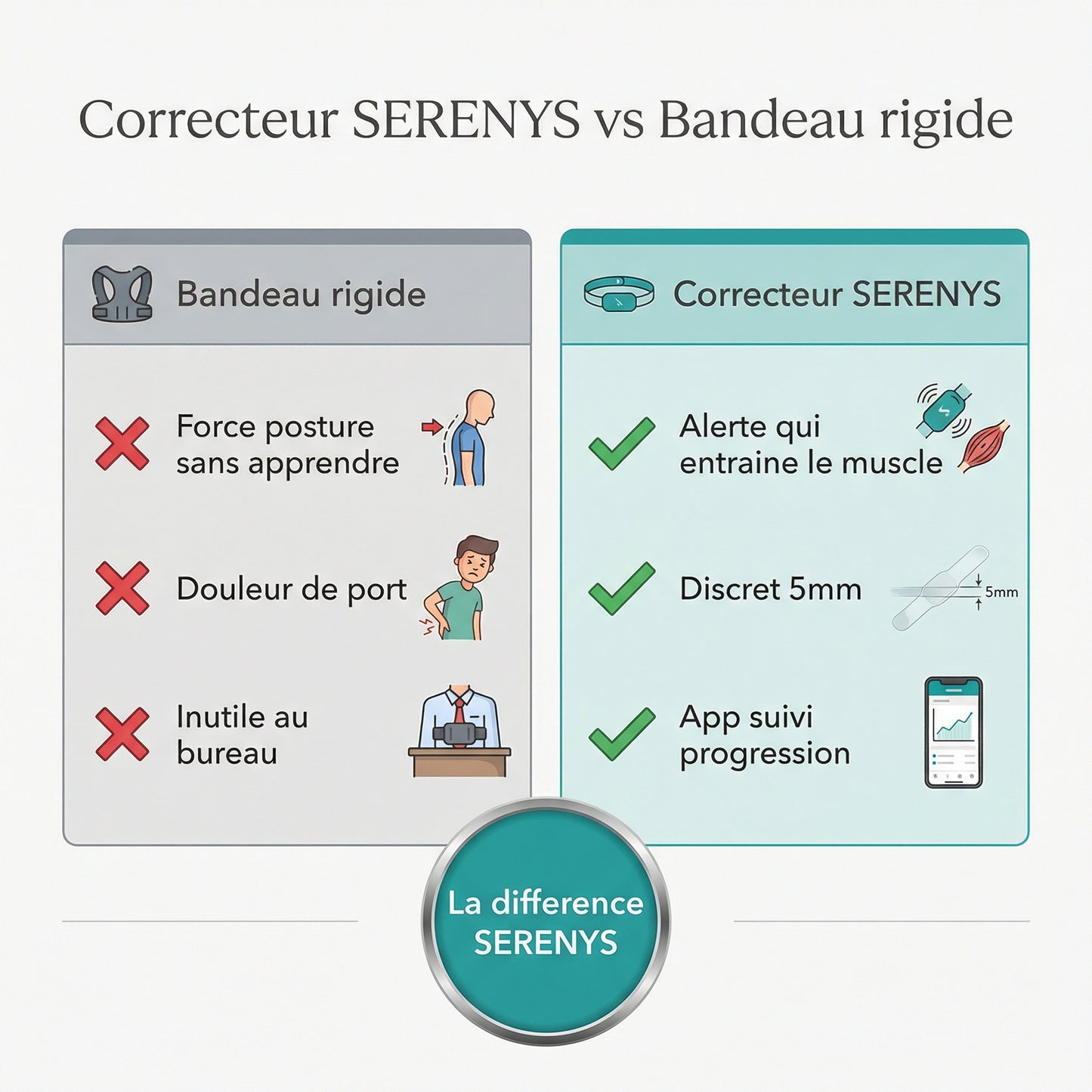 Correcteur Posture SERENYS vs bandeau rigide — comparaison infographie