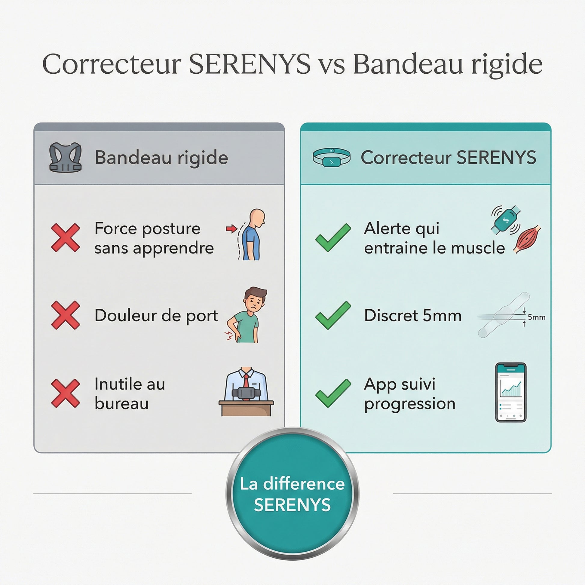 Correcteur Posture SERENYS vs bandeau rigide — comparaison infographie