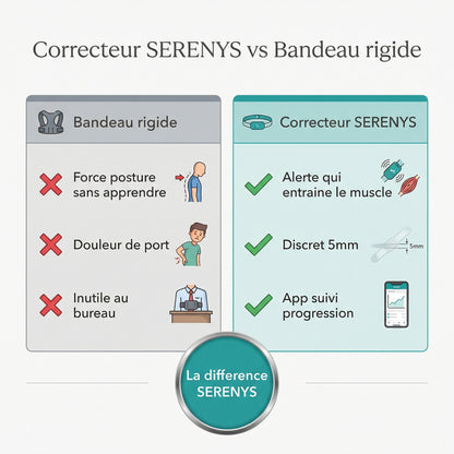 Correcteur Posture SERENYS vs bandeau rigide — comparaison infographie