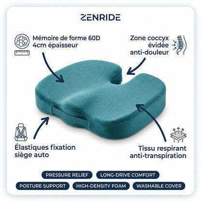 Coussin Assise Voiture Serenys — mémoire de forme 60D 4cm coccyx élastiques fixation
