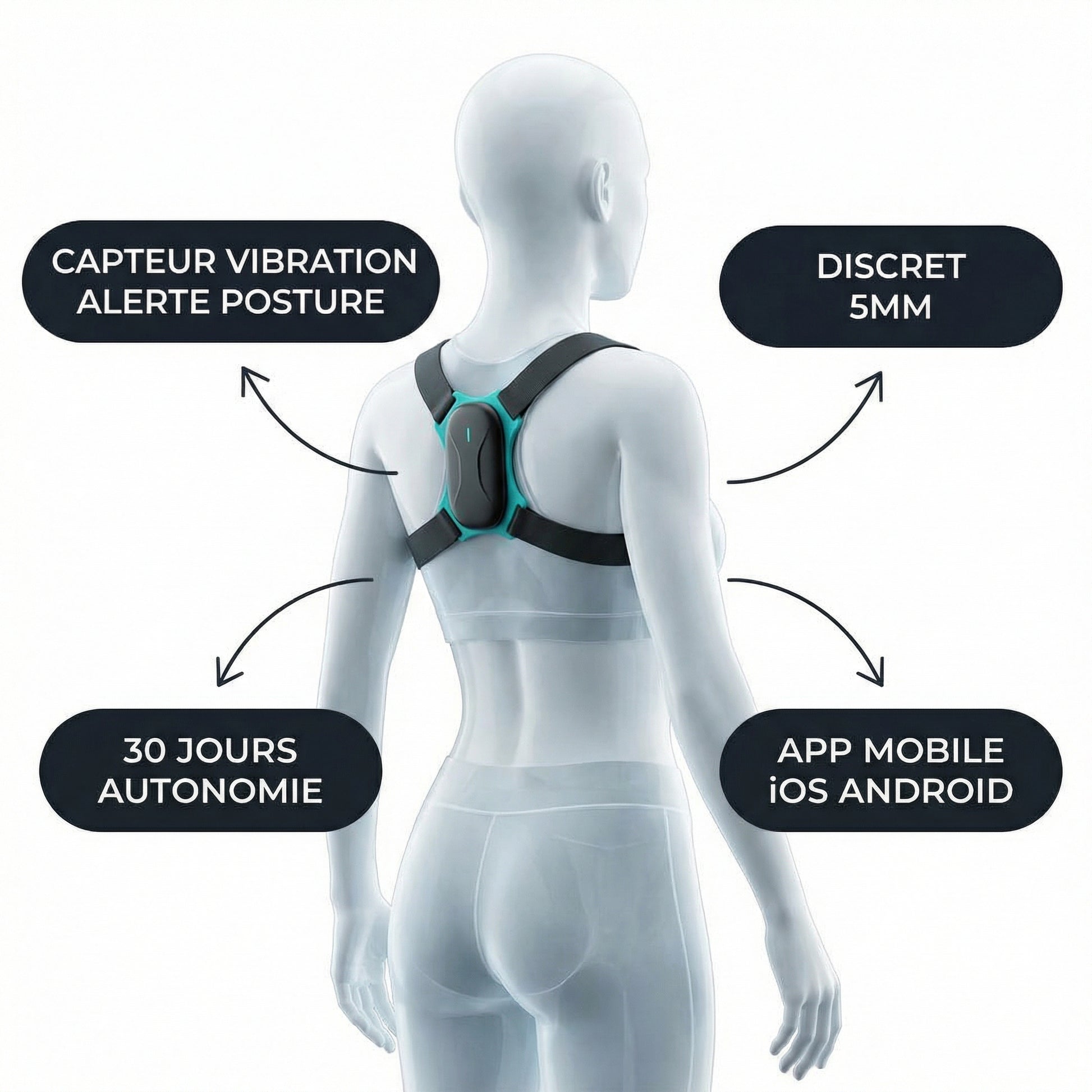 Correcteur Posture Serenys — infographie capteur vibration discret 5mm app iOS Android