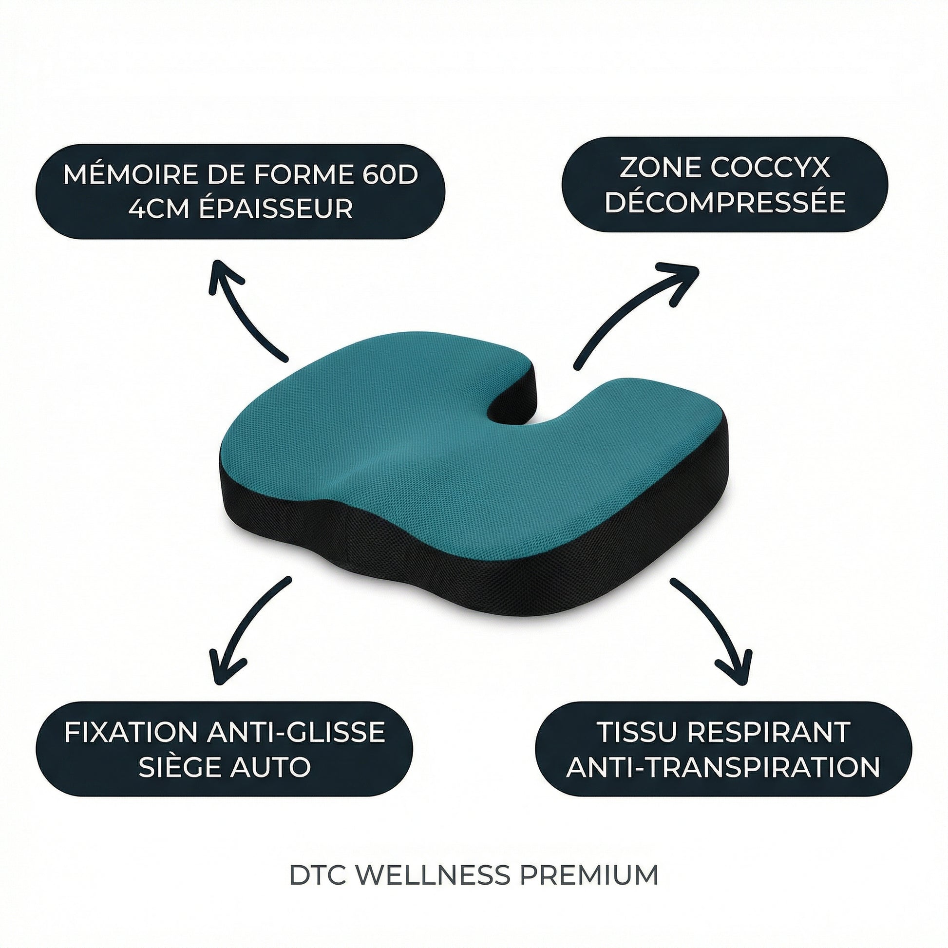 Coussin d'Assise Voiture Serenys — mémoire forme 60D coccyx libre fixation anti-glisse