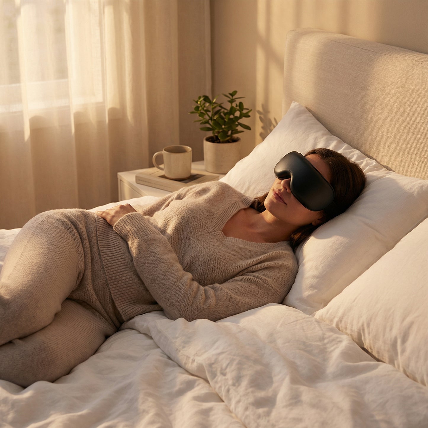 Port du masque yeux massant chauffant en position de repos — Serenys