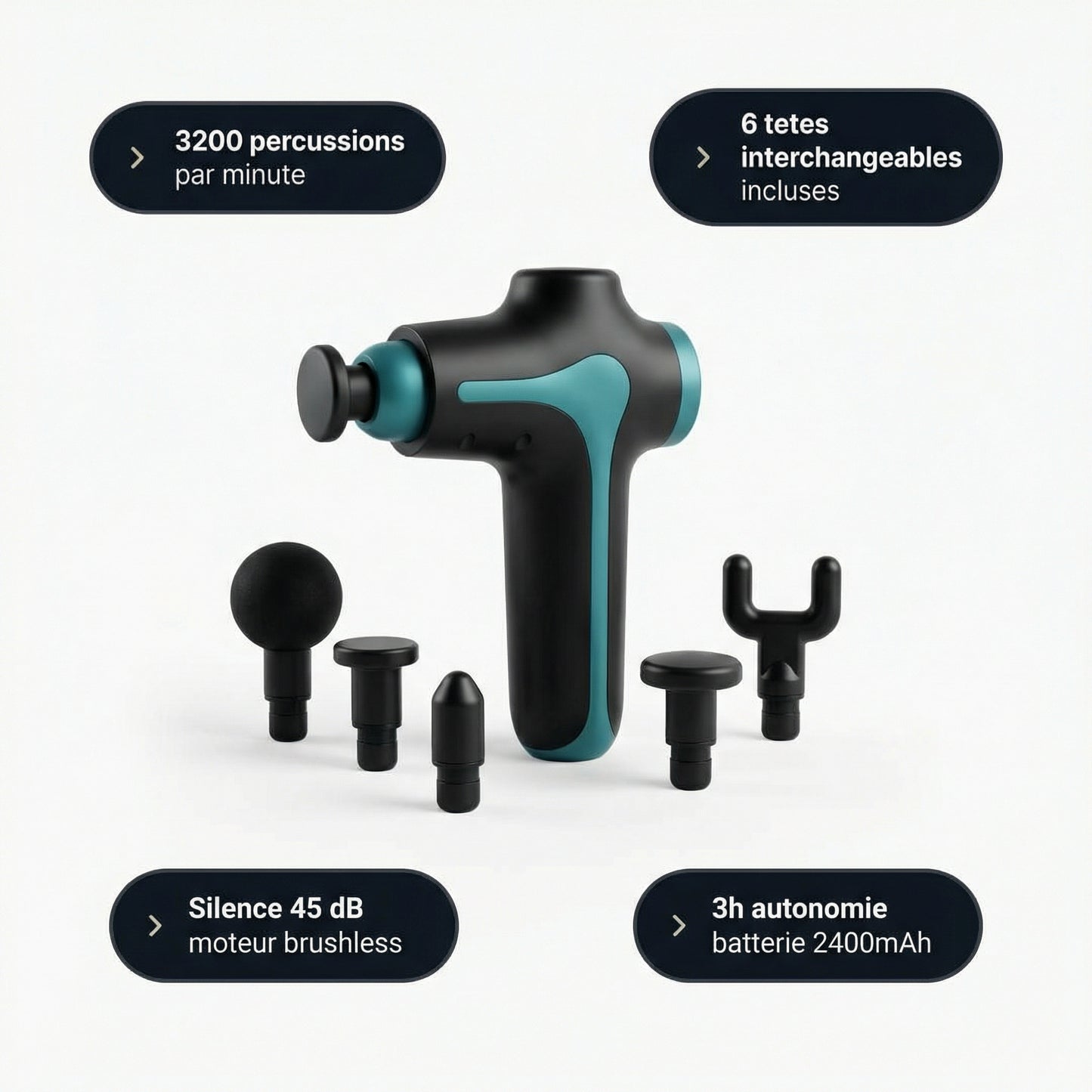 Pistolet Massage Serenys — infographie 3200 percussions 6 tetes brushless 45dB
