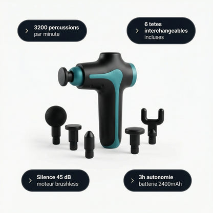 Pistolet Massage Serenys — infographie 3200 percussions 6 tetes brushless 45dB