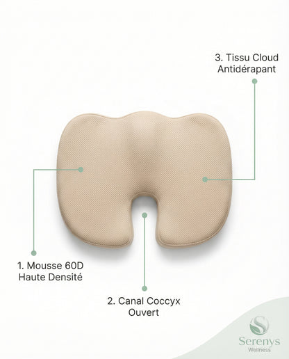 Infographie coussin d'assise Serenys — Mousse 60D, Canal Coccyx Ouvert, Tissu Cloud Antidérapant