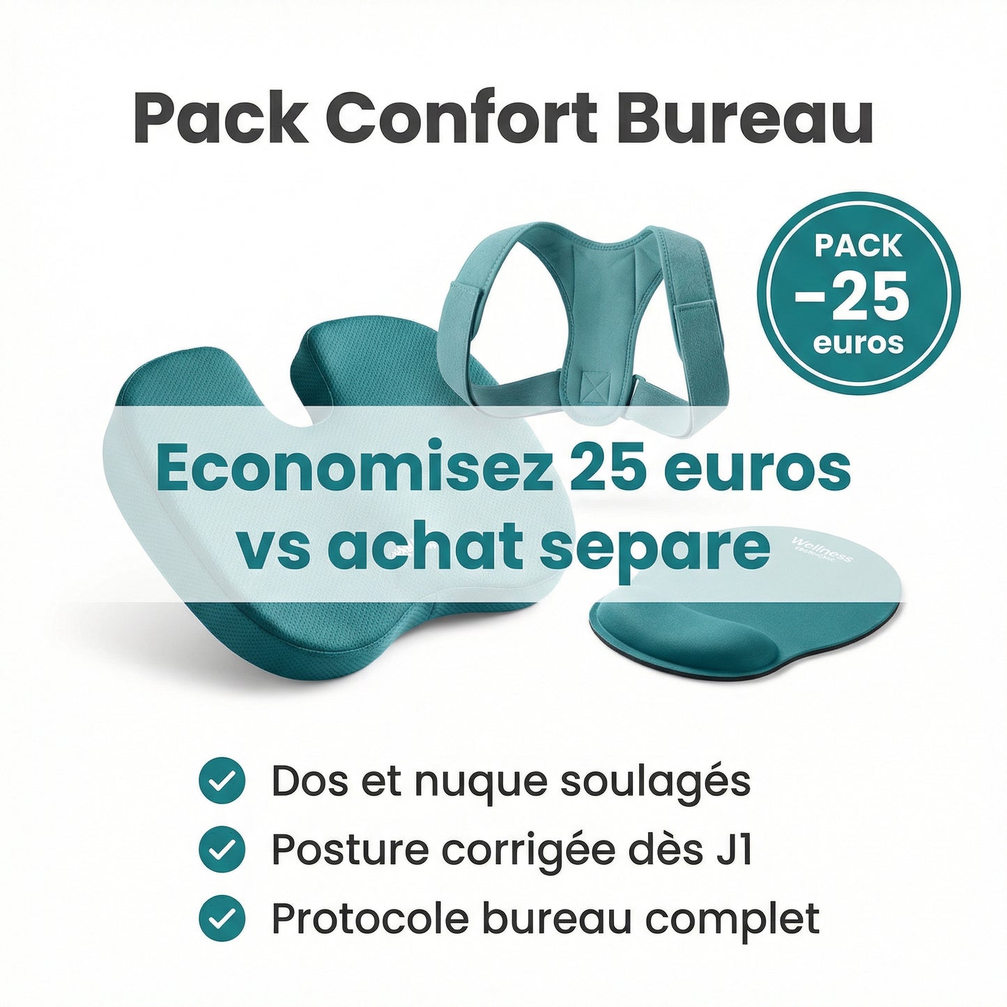 Pack Confort Bureau Serenys — coussin ergonomique + correcteur posture économie 25€