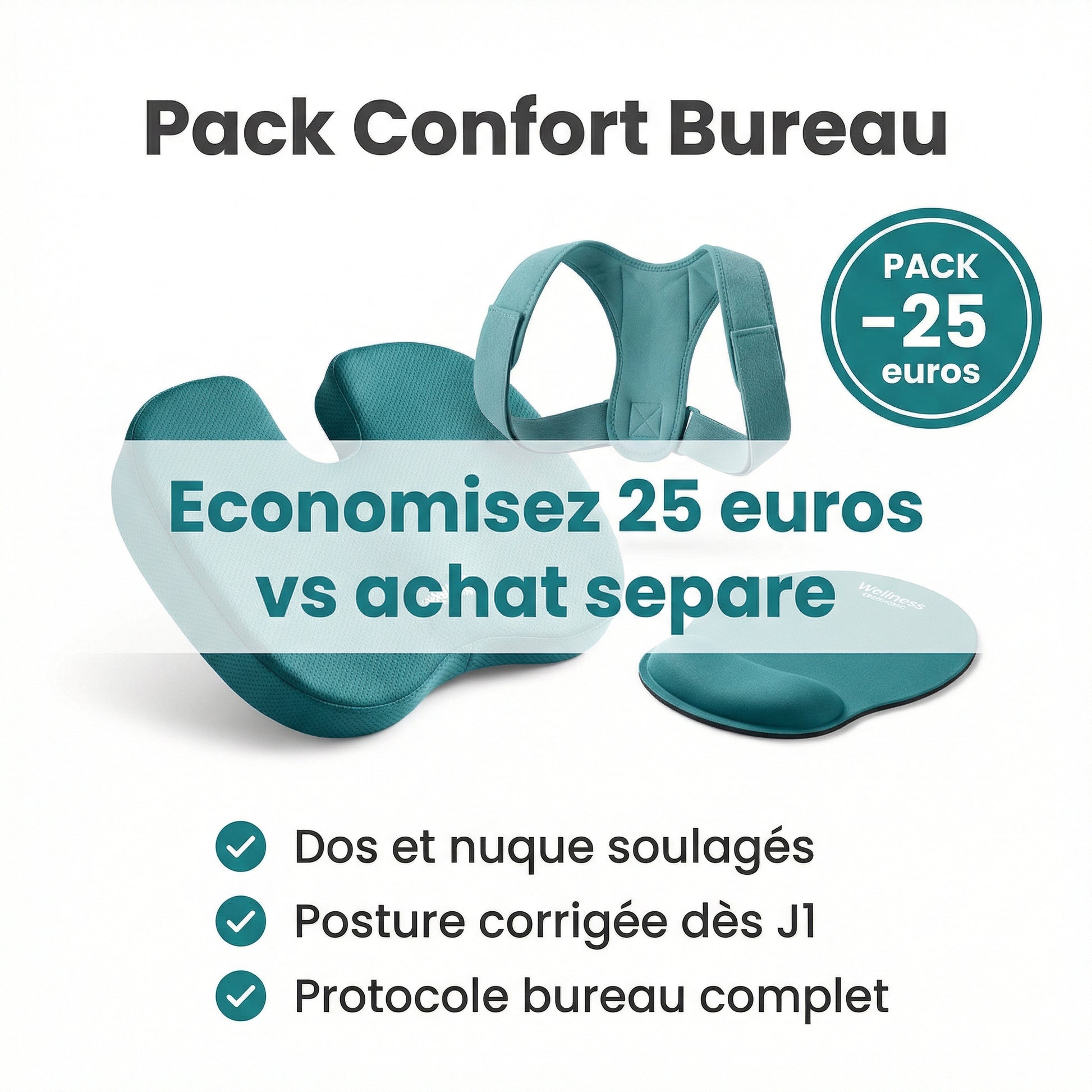 Pack Confort Bureau Serenys — coussin ergonomique + correcteur posture économie 25€