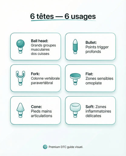 Pistolet massage Serenys — guide 6 tetes et 6 usages
