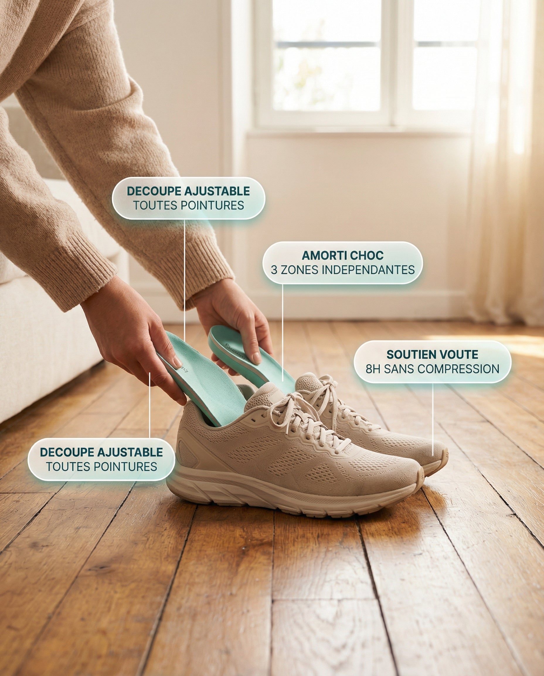 Semelles orthopédiques Serenys lifestyle — mise en chaussure running annotations