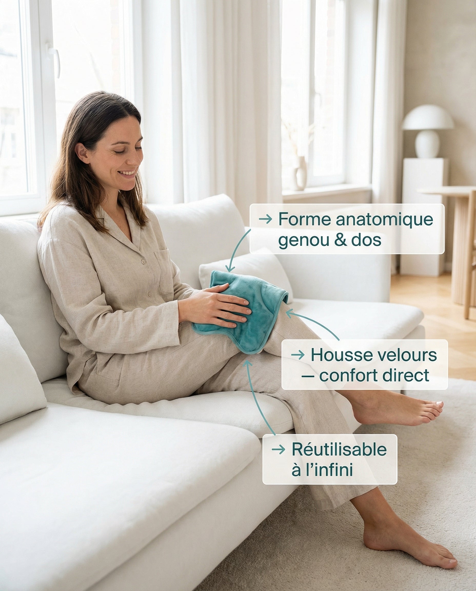 Poche thérapeutique Serenys lifestyle — femme au canapé soulagement genou