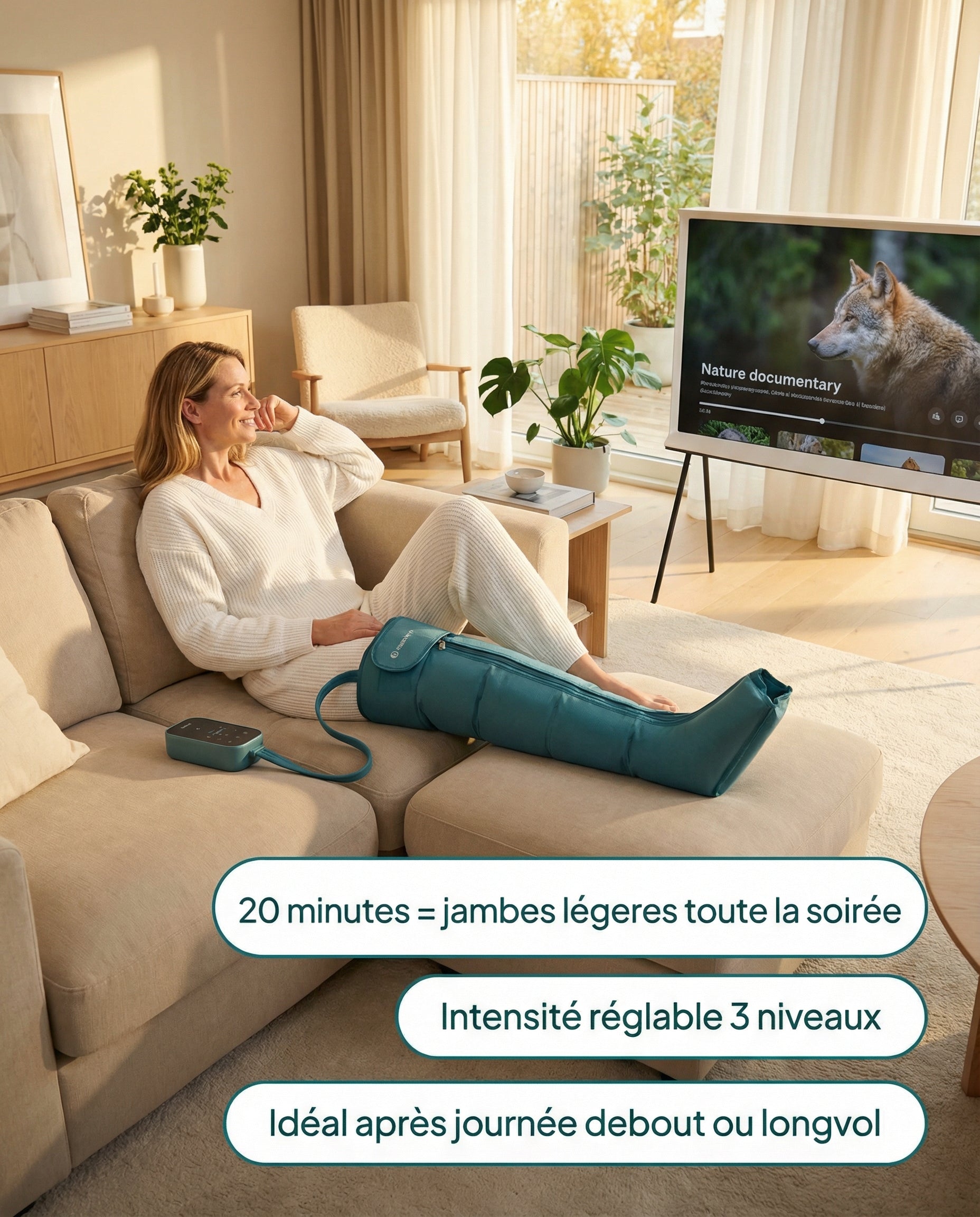 Bottes pressothérapie Serenys lifestyle sofa — 20 min jambes légères soirée