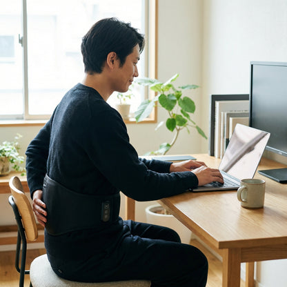Port de la ceinture chauffante dos au bureau en télétravail — Serenys