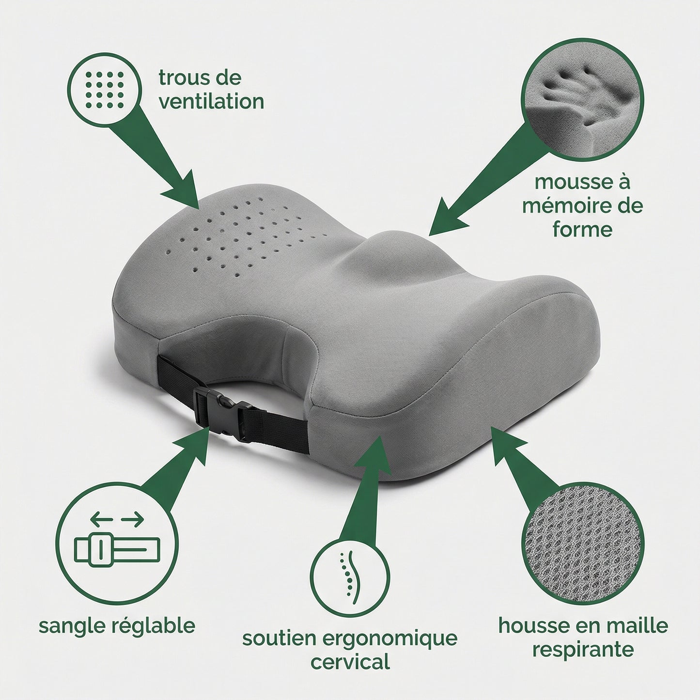 Coussin cervical bureau respirant — schéma des caractéristiques (FR)