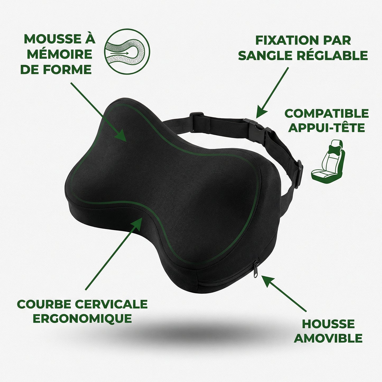 Coussin cervical voiture appui-tête — schéma des caractéristiques (FR)