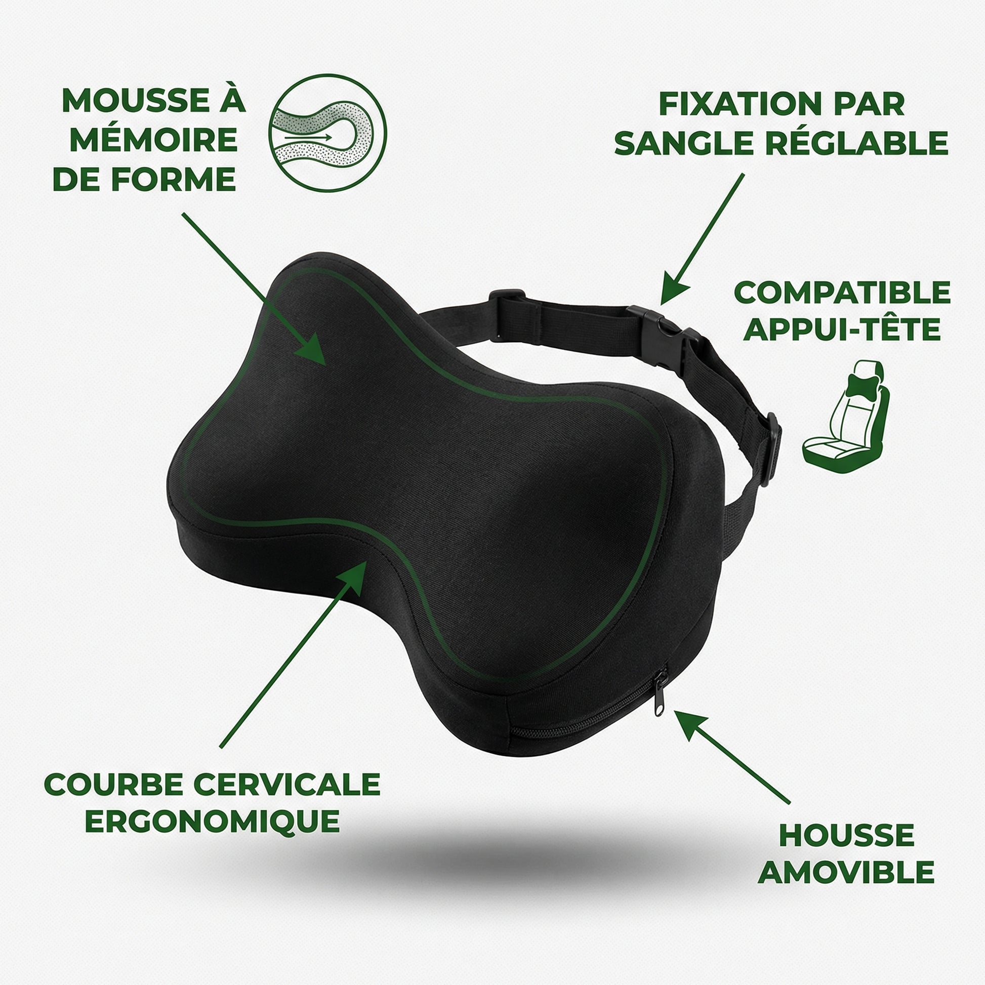 Coussin cervical voiture appui-tête — schéma des caractéristiques (FR)