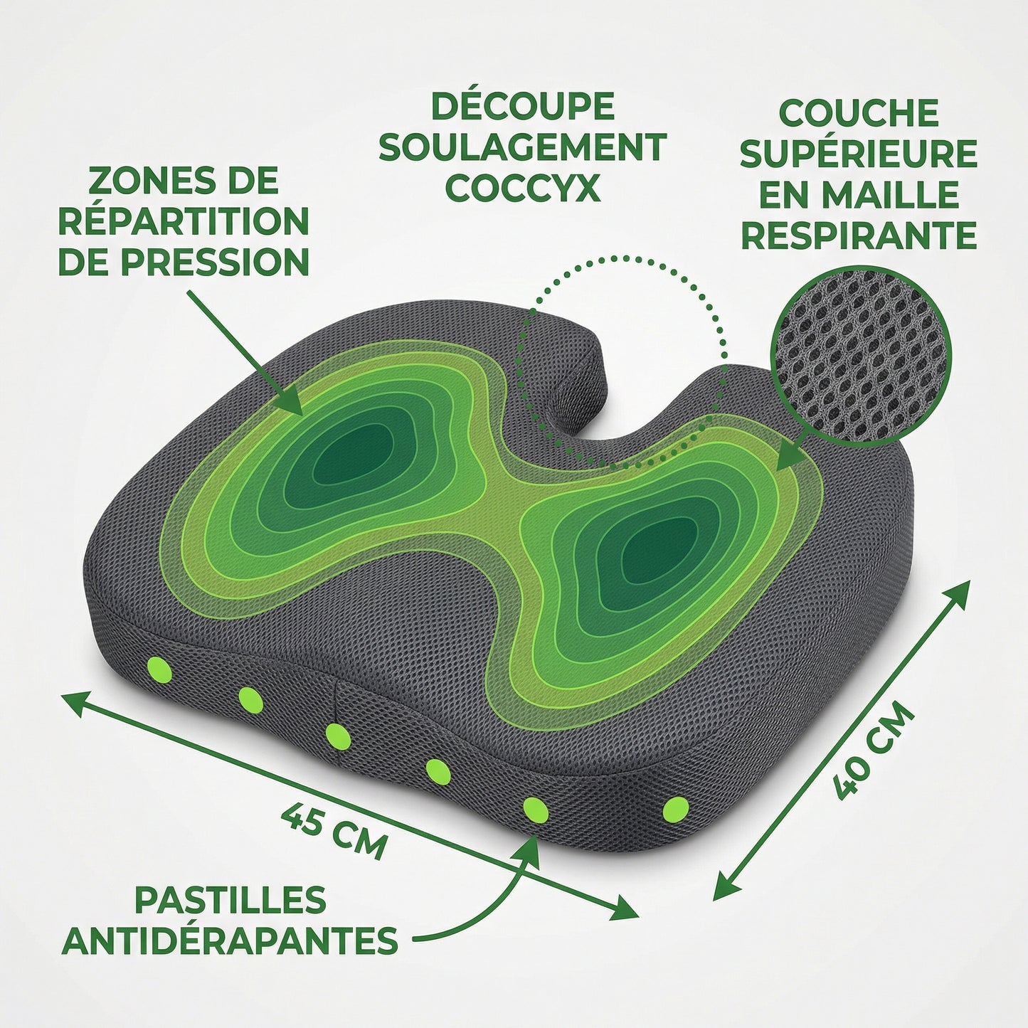 Coussin assise bureau haute densité — schéma des caractéristiques (FR)