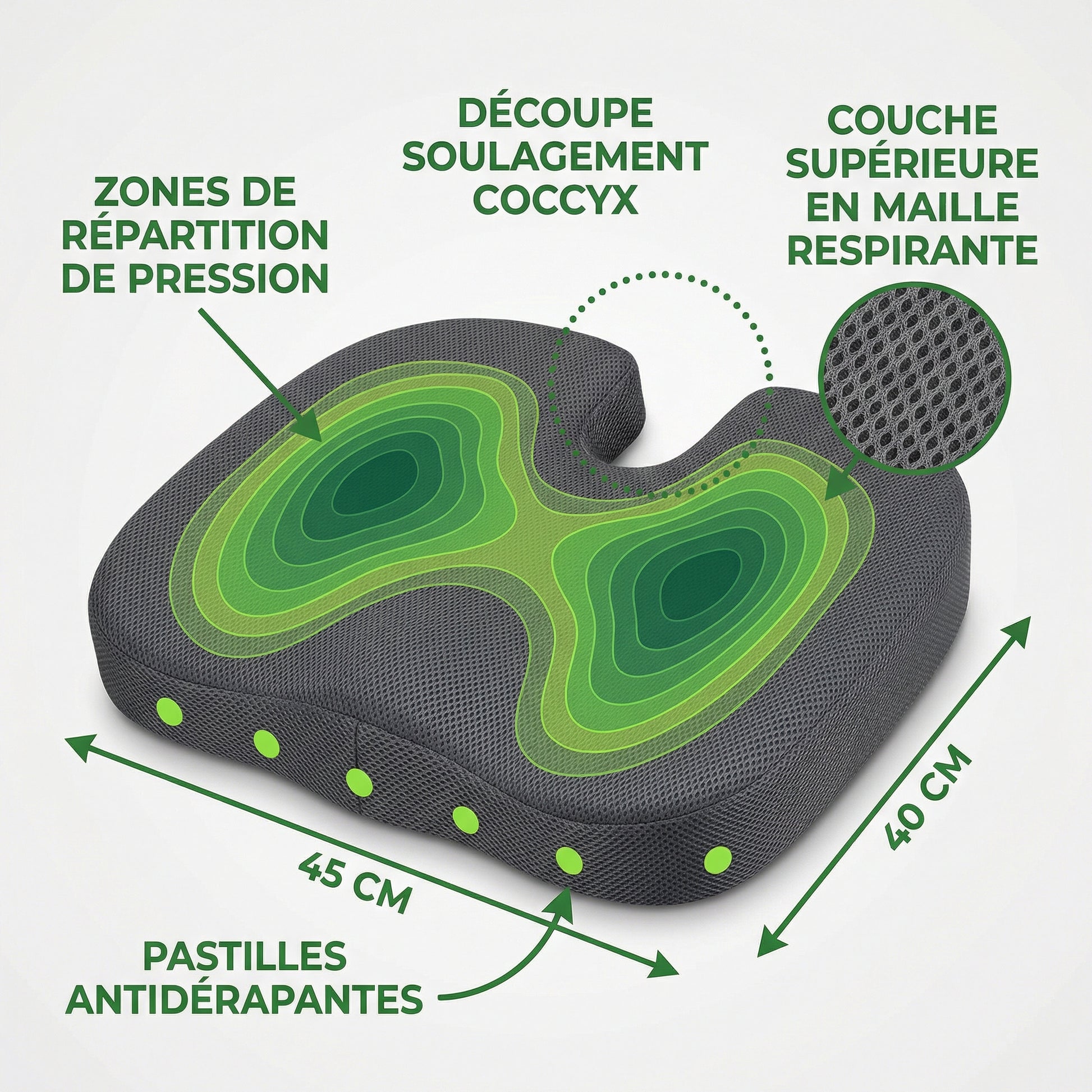 Coussin assise bureau haute densité — schéma des caractéristiques (FR)