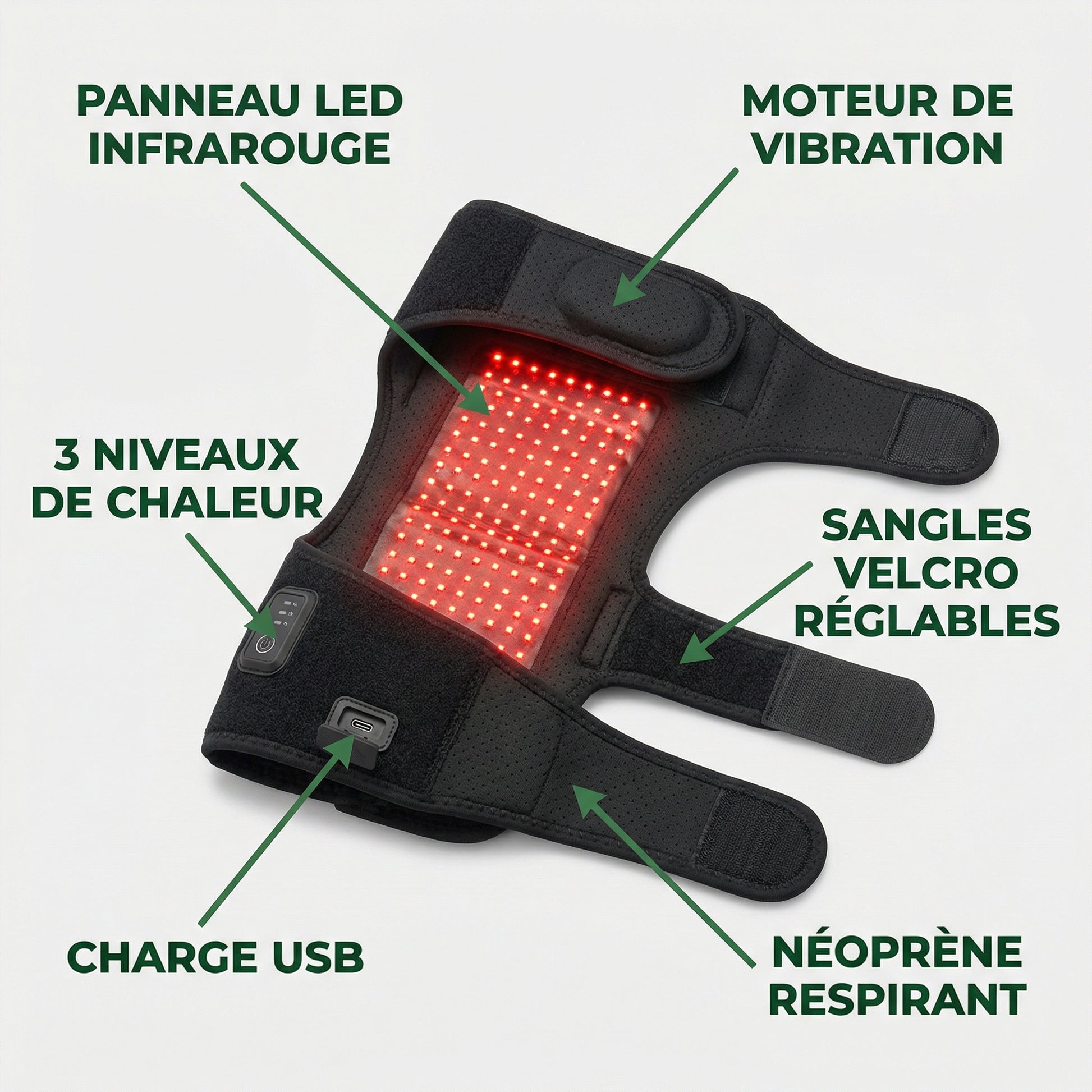 Genouillère Chauffante Infrarouge + Vibration — schéma des caractéristiques (FR)